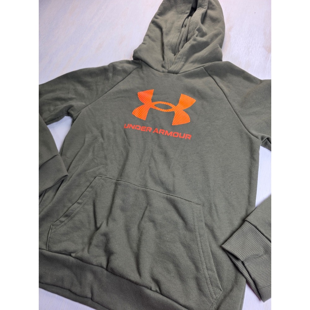 Under Armour Boys Rival Fleece Hoodie Olive Green Orange Logo YLG Large Kids